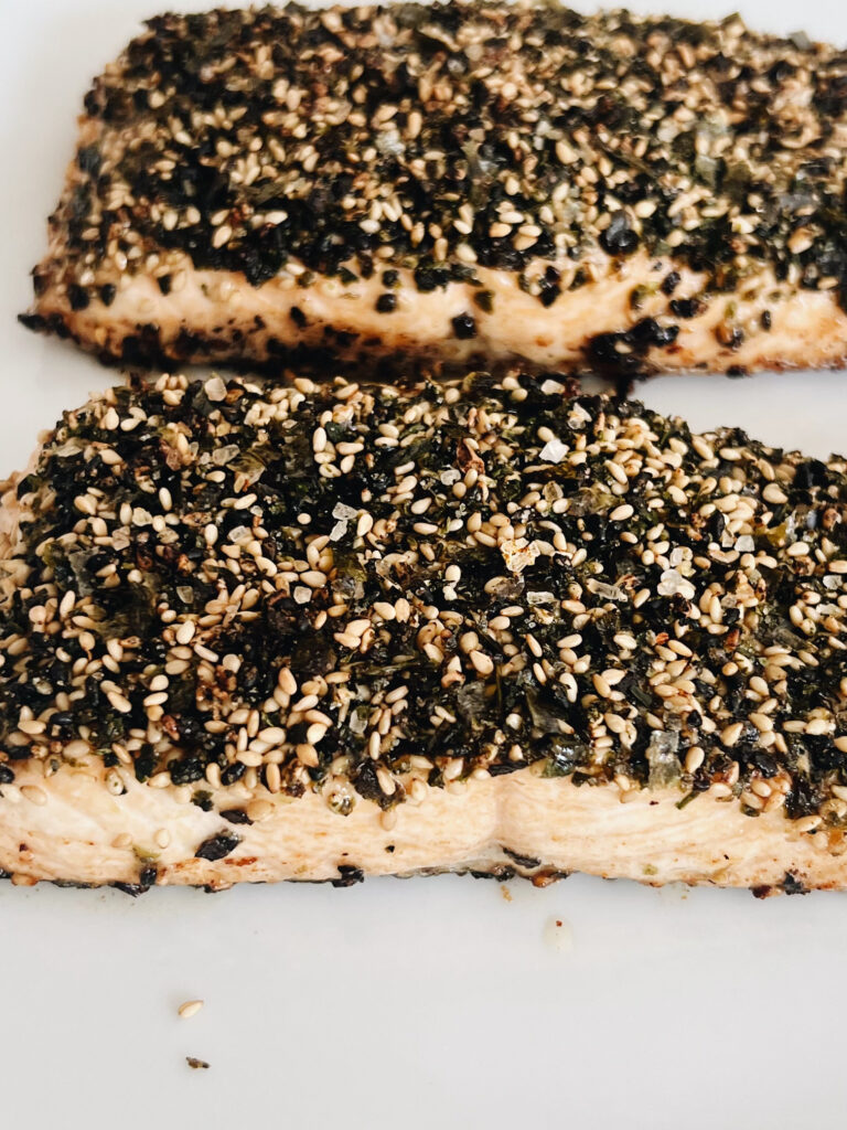 salmon baked with furikake on the top.